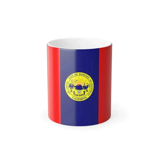 Red and navy flag with a yellow circular city seal showing a sunrise and skyline at its centre.