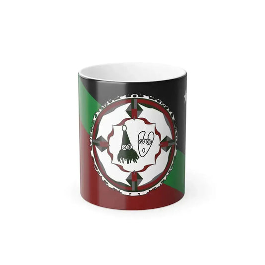Diagonal flag of red, green and black with four white stars in the upper corner and a round emblem at center.