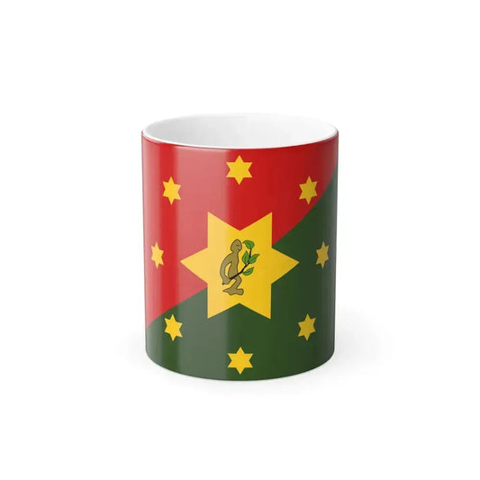 Flag split diagonally in red and green, with eight yellow stars around a central heptagram and a human figure.