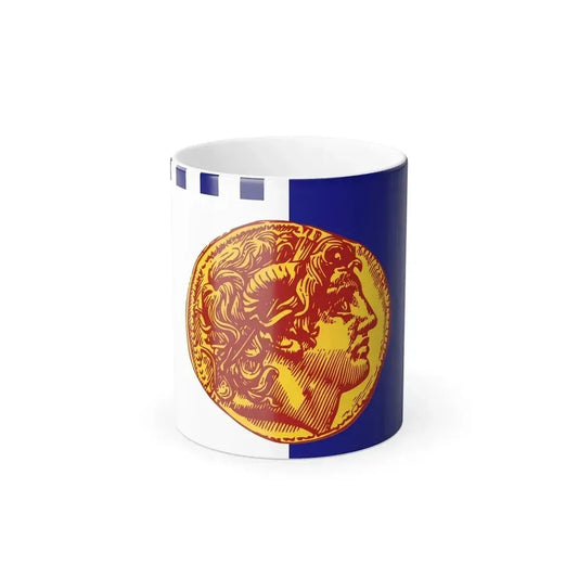 Gold and dark red engraved profile of Alexander the Great, styled like an ancient coin, on white and blue stripes.