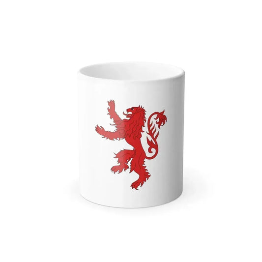 Flat red vector lion rampant in heraldic pose centered on a plain white background.