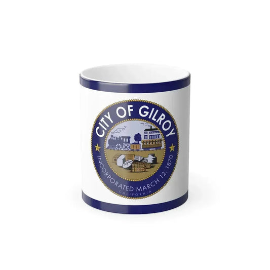 White flag with navy border and a circular seal showing a steam train and bales inside a gold-beaded ring.