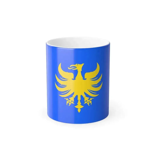 A gold heraldic eagle with spread wings and raised head in flat silhouette against a bright royal blue field.