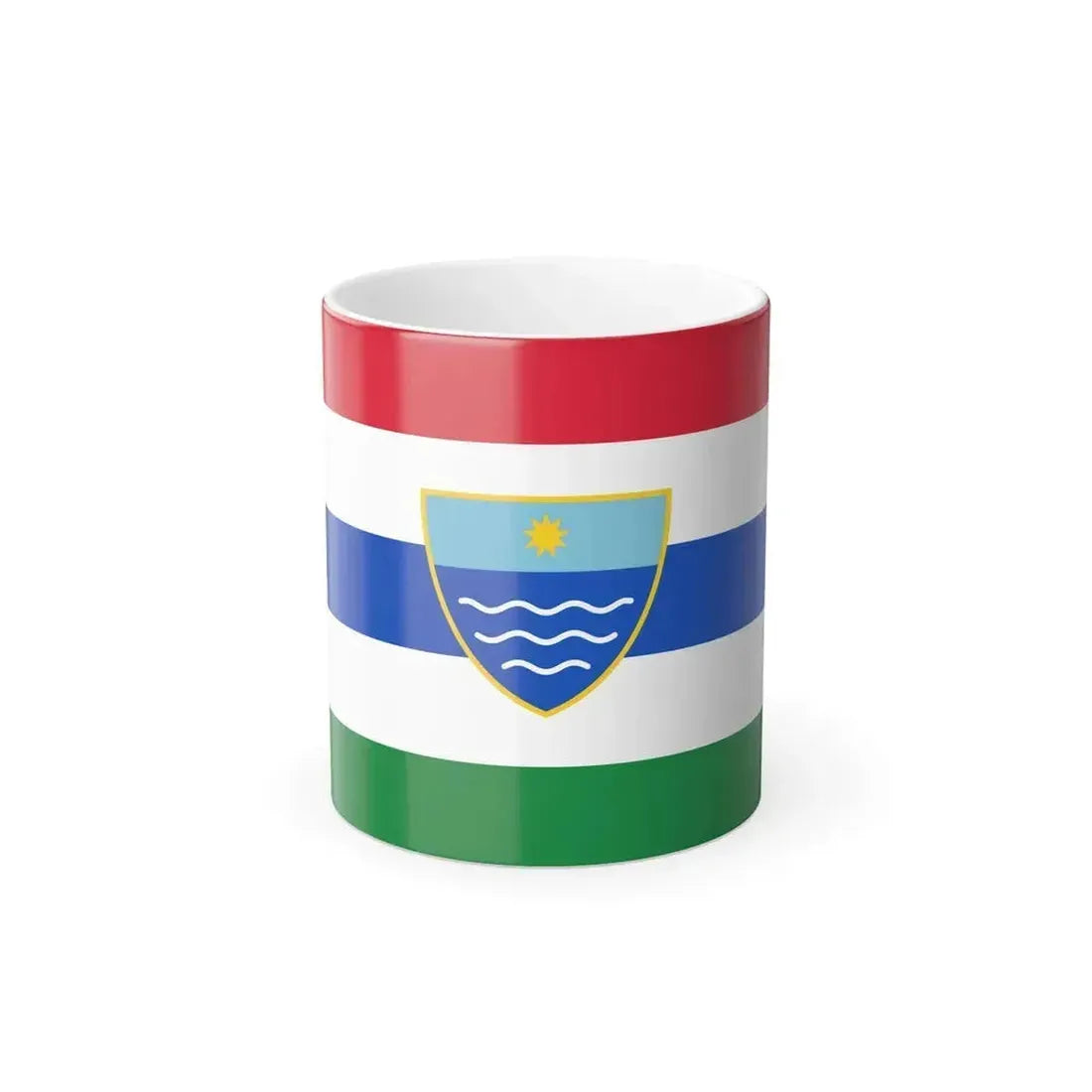Horizontal striped flag of Herzegovina-Neretva in red, white, blue and green, with a shield showing a star over waves.