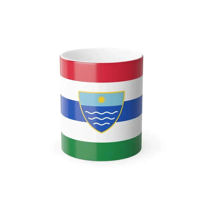 Horizontal striped flag of Herzegovina-Neretva in red, white, blue and green, with a shield showing a star over waves.