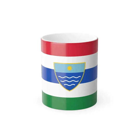 Horizontal striped flag of Herzegovina-Neretva in red, white, blue and green, with a shield showing a star over waves.