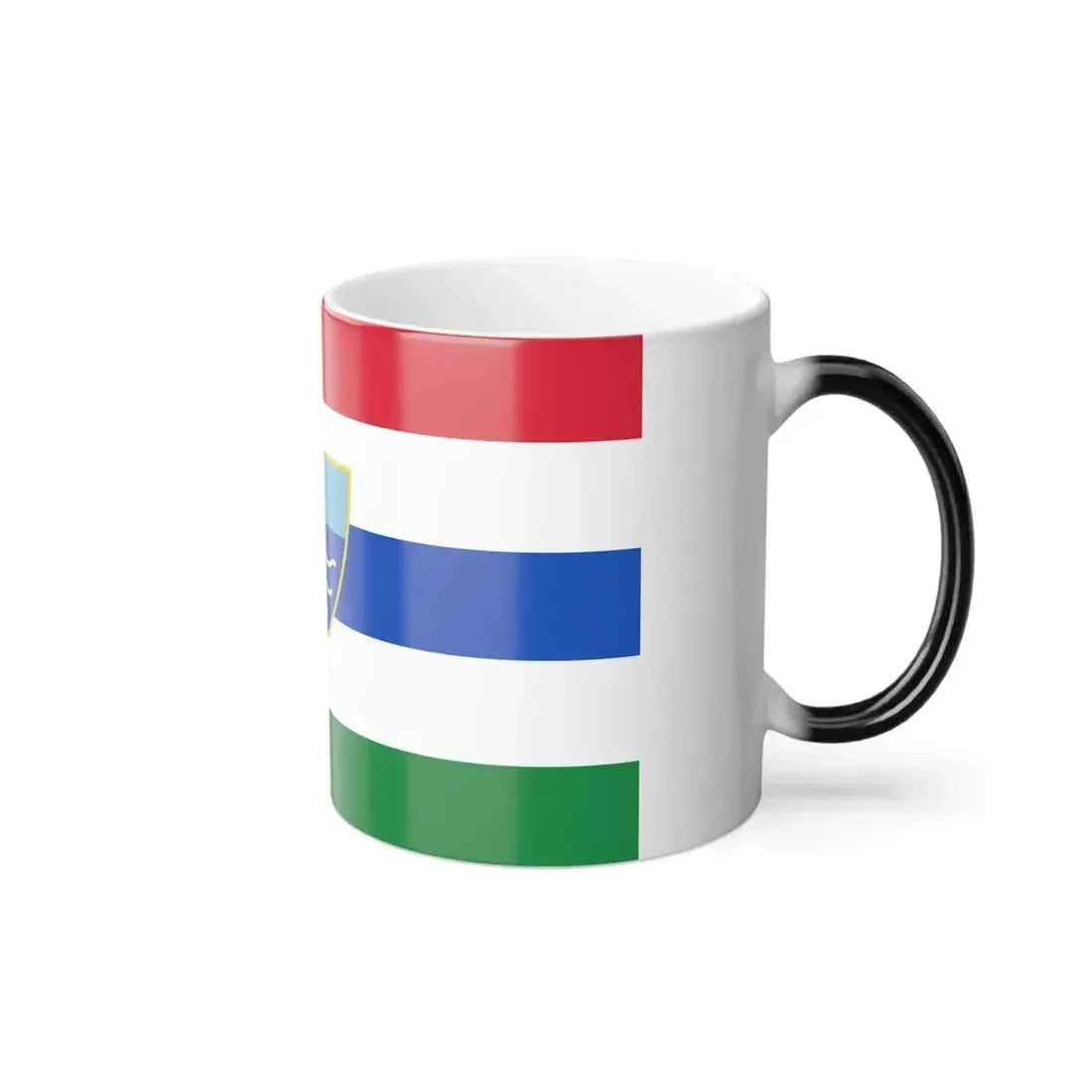 Horizontal striped flag of Herzegovina-Neretva in red, white, blue and green, with a shield showing a star over waves.