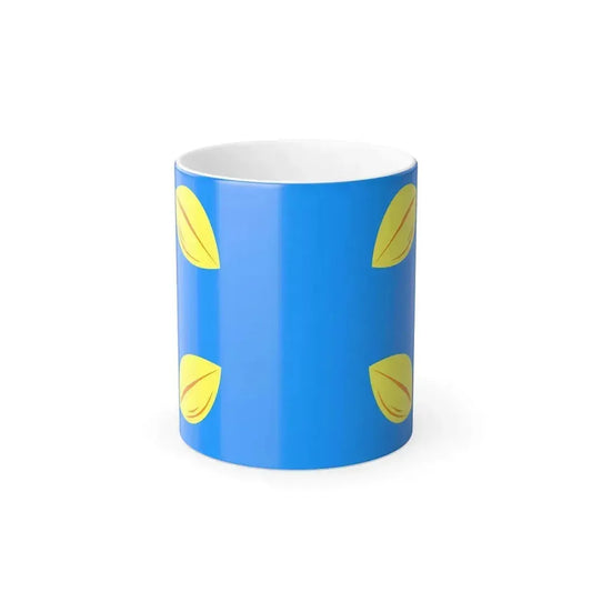 Four pale yellow almond-shaped forms with orange veining in the corners of a bright azure blue field.