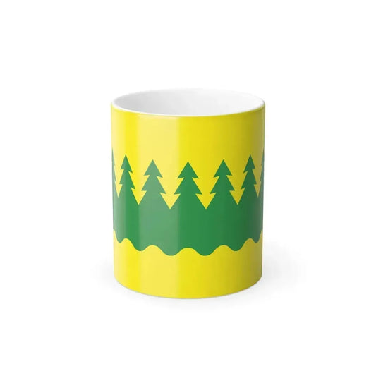 Minimalist vector of a row of upward-pointing pine trees on a green band with a wavy base, on yellow.