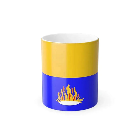 Flag with a gold upper band over blue, and a cluster of yellow, orange and red flames rising from a white oval.