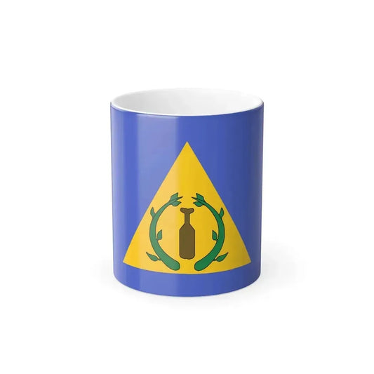 Blue flag with a large yellow triangle enclosing a brown paddle flanked by two green leafy branches.