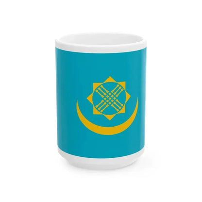 Flag of Kazakhstan with crescent eight-pointed star and shanyraq (Kazakhstan) White Coffee Mug 15oz - Go Mug Yourself