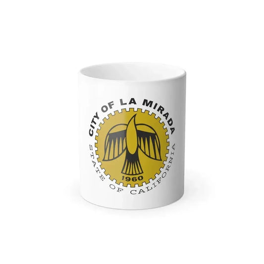 Mustard-gold circular seal with a black stylised bird and toothed rim, lettered City of La Mirada, State of California.