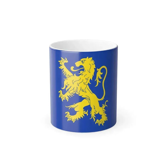 A gold lion rampant with curling mane and tail on a royal blue field, with a red and white stripe at the left edge.
