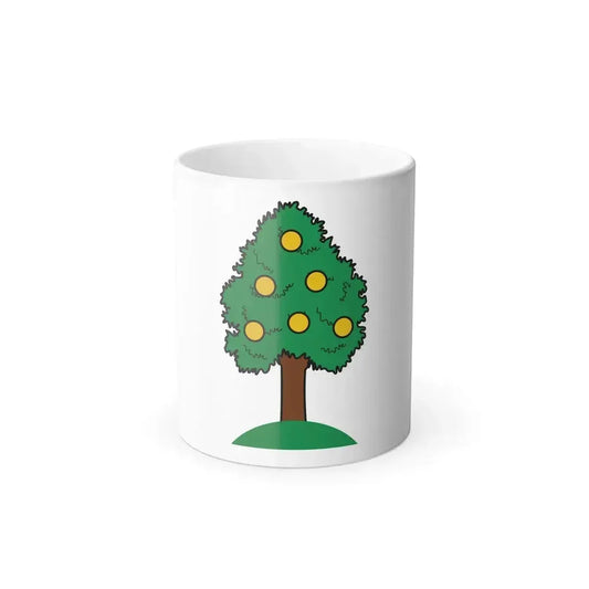 Cartoon fruit tree with a green outlined canopy, six yellow fruits and a brown trunk on a white background.