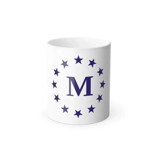 Indigo serif letter M inside a ring of small five-pointed stars on a plain white background.