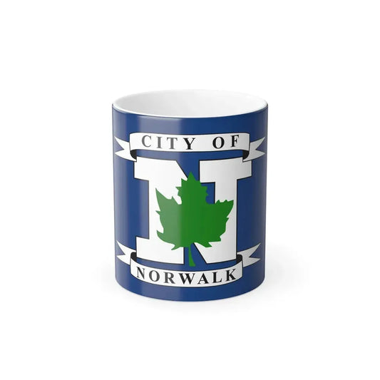 Royal blue flag with a large white letter N, a green leaf at its centre and ribbon banners reading City of Norwalk.