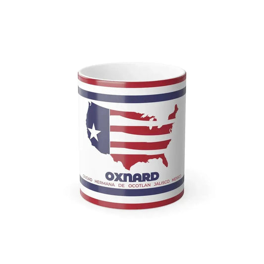 Map of the United States filled with stripes and a star, above the word OXNARD on a striped border.