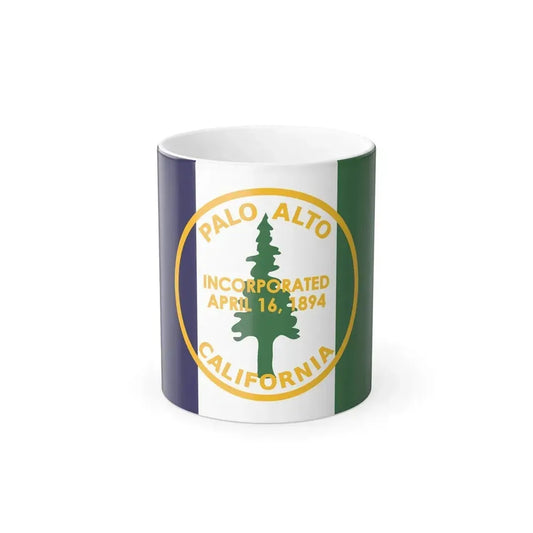 Green redwood tree in a gold circular seal reading Palo Alto and California over indigo, white and green bands.