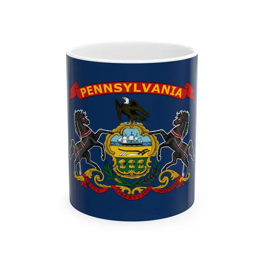 Flag of Pennsylvania with Yellow Lettering on Red Festoon 2009 Proposal (United States) White Coffee Mug 11oz - Go Mug Yourself