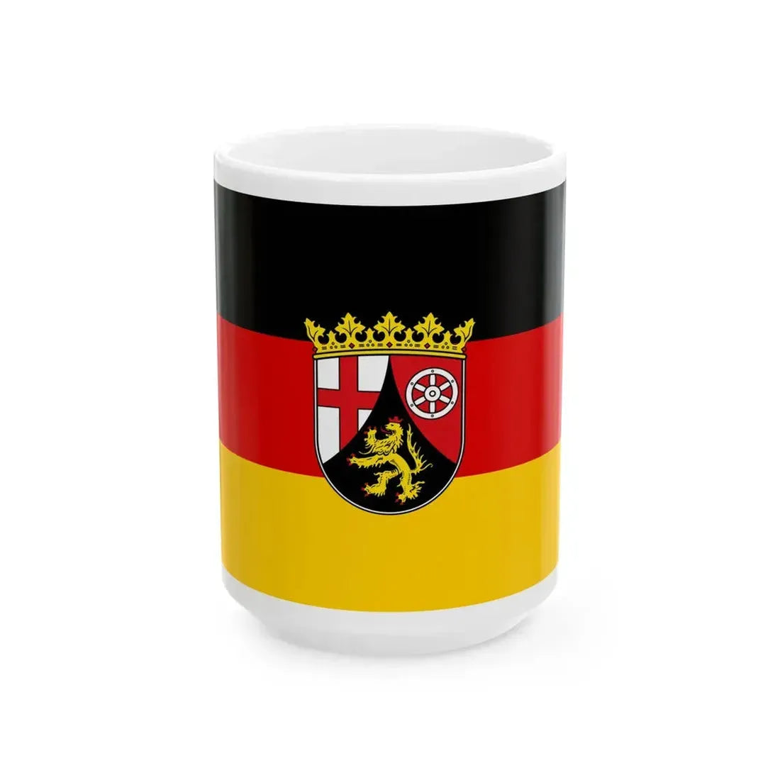 Flag of Rhineland-Palatinate with centered coat of arms (Germany) White Coffee Mug 15oz - Go Mug Yourself