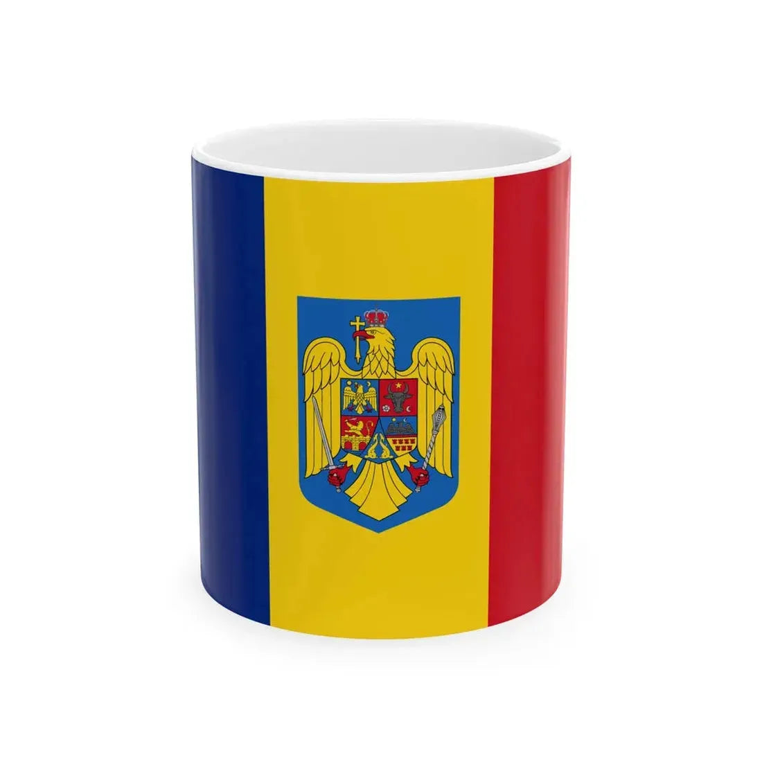 Flag of Romania with coat of arms (Oman) White Coffee Mug 11oz - Go Mug Yourself