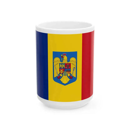 Flag of Romania with coat of arms (Oman) White Coffee Mug 15oz - Go Mug Yourself