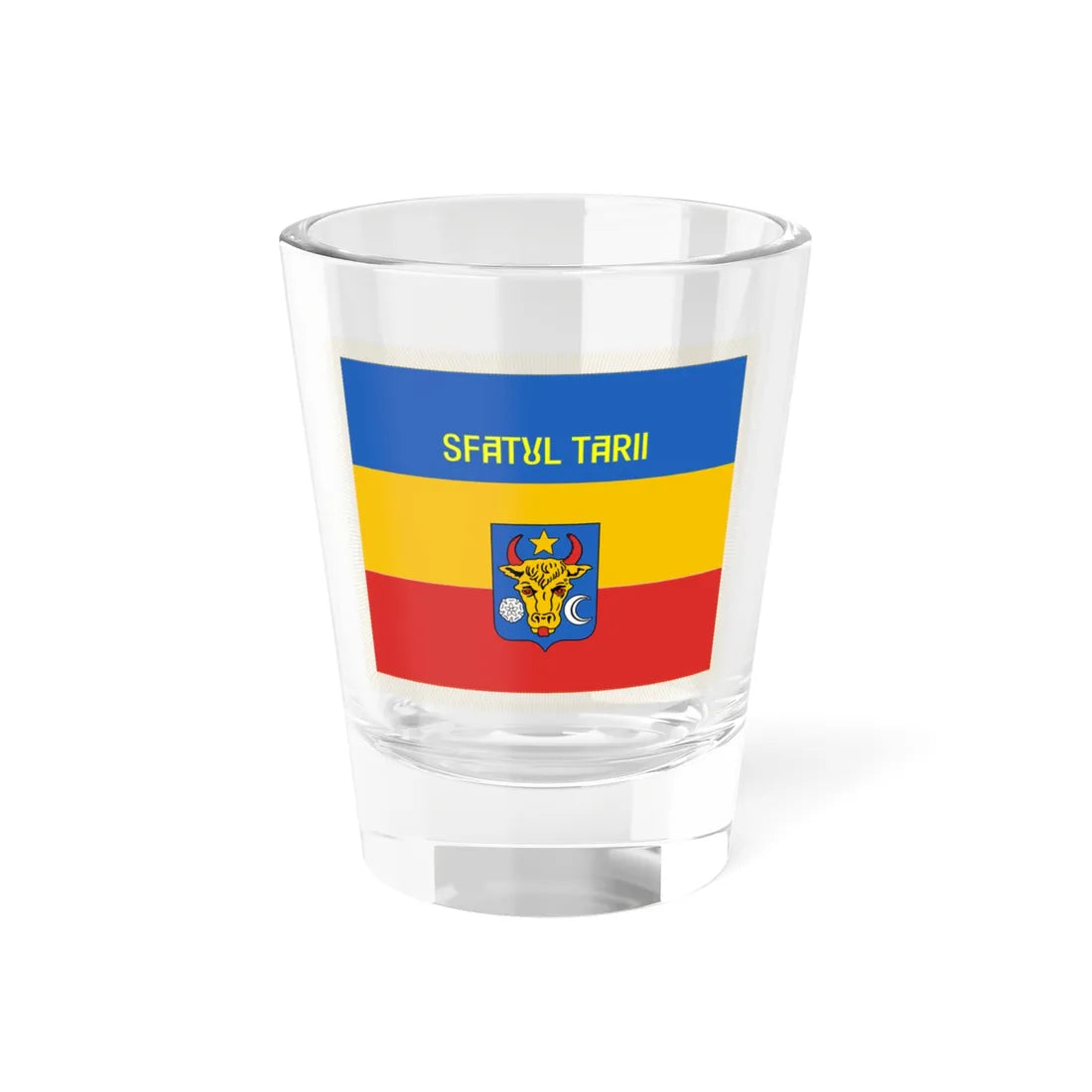 Flag of Sfatul Tarii obverse (Moldova) (Coat of Arms) Shot Glass 1.5oz 1.5oz - Go Mug Yourself