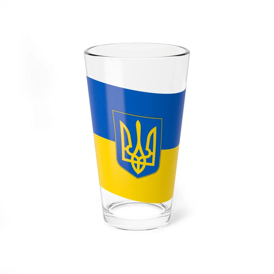 Flag of Ukraine with waves with coat of arms (Ukraine) Pint Glass 16oz 16oz - Go Mug Yourself