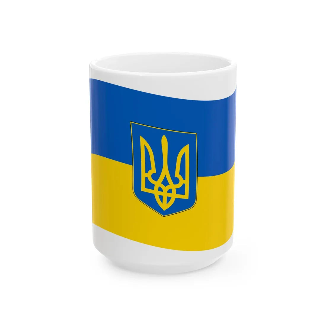 Flag of Ukraine with waves with coat of arms (Ukraine) White Coffee Mug 15oz - Go Mug Yourself