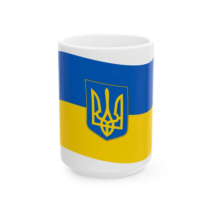 Flag of Ukraine with waves with coat of arms (Ukraine) White Coffee Mug 15oz - Go Mug Yourself
