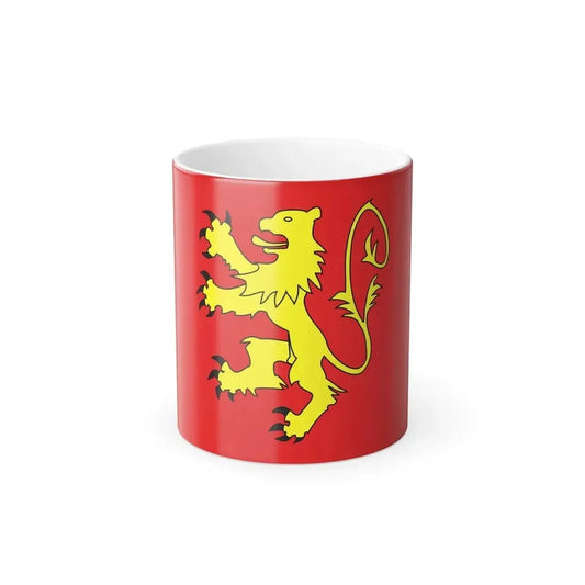 A golden heraldic rampant lion with black claws and tongue, centred on a solid red field.