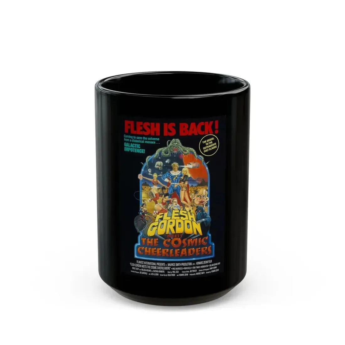 FLESH GORDON MEETS THE COSMIC CHEERLEADERS 1990 Movie Poster - Black Coffee Mug 15oz - Go Mug Yourself