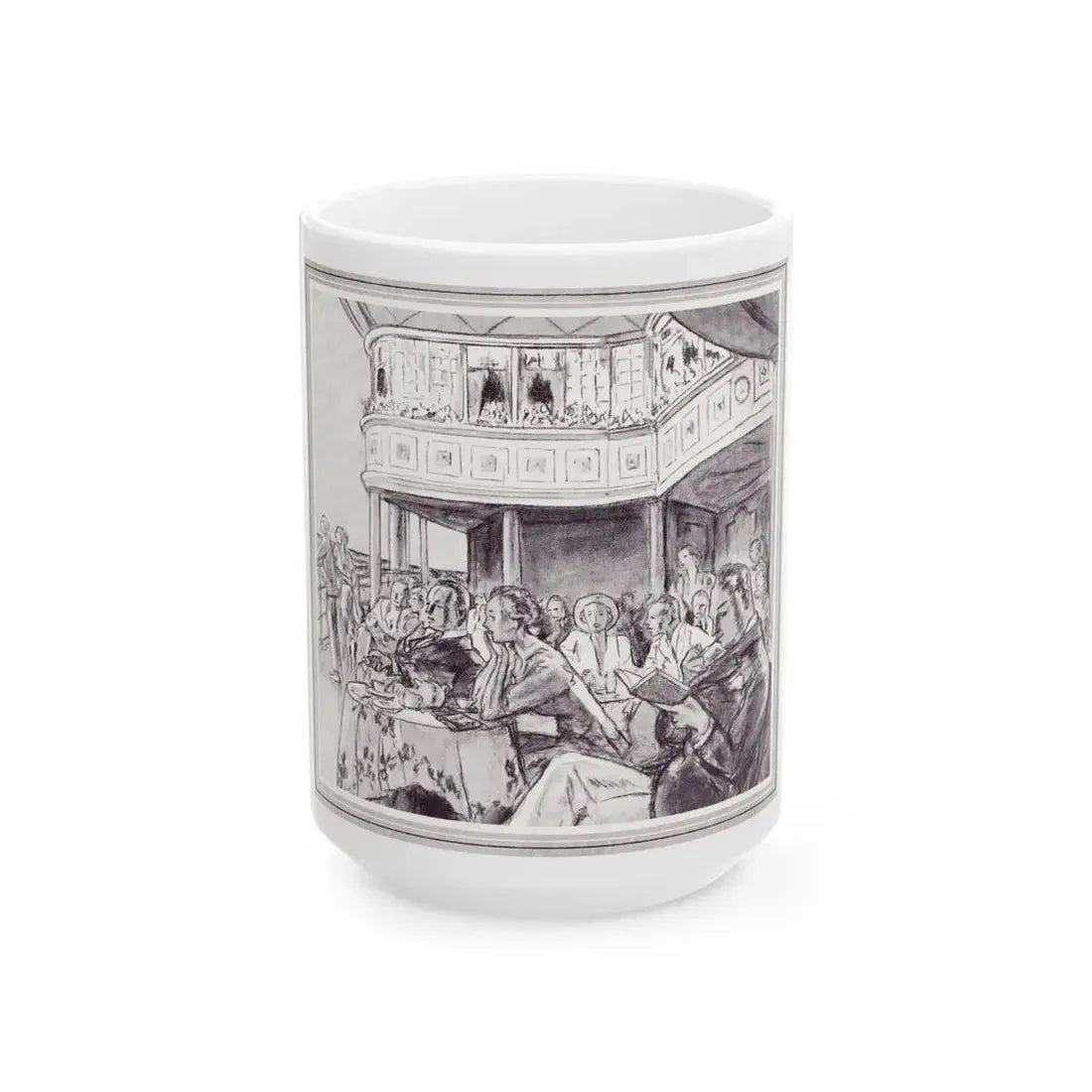 Flower banked Cafe 'Famous Four', Scribner's Magazine, February 1938 - White Coffee Mug 15oz - Go Mug Yourself