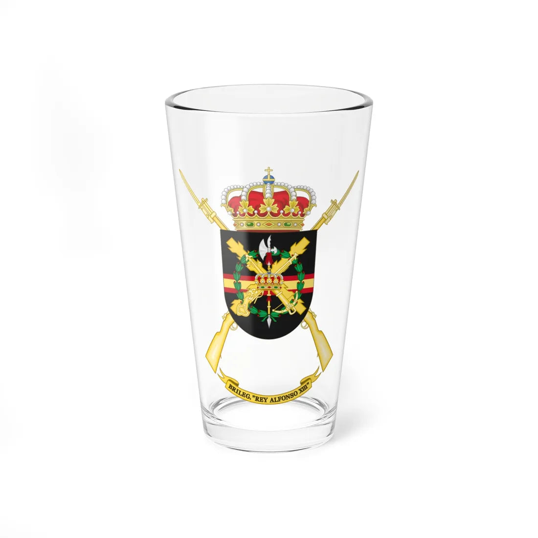 Former Coat of Arms of the 2nd Spanish Legion Brigade King Alfonso XIII Cross of Burgundy (Spain) (Coat of Arms) Pint Glass 16oz 16oz - Go Mug Yourself
