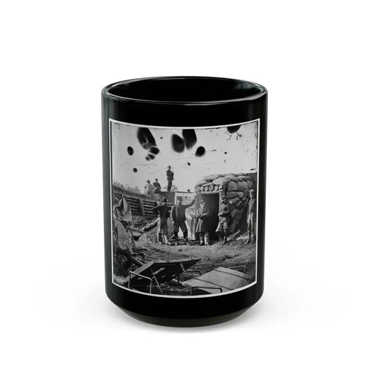 Fort Burnham, Va. (The Former Confederate Fort Harrison). Federal Soldiers In Front Of Bomb-Proof Headquarters (U.S. Civil War) Black Coffee Mug 15oz - Go Mug Yourself