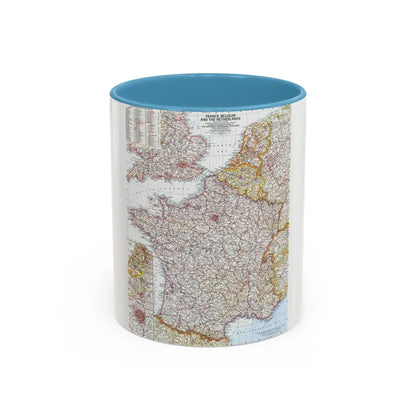 France, Belgium, and the Netherlands (1960) (Map) Accent Coffee Mug 11oz Light Blue - Go Mug Yourself