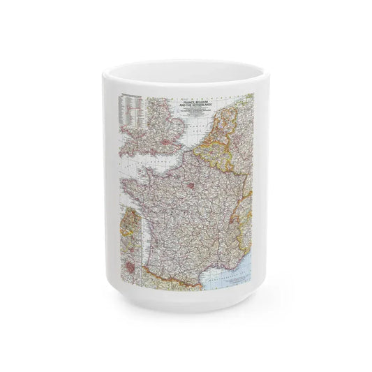 France, Belgium, and the Netherlands (1960) (Map) White Coffee Mug 15oz - Go Mug Yourself