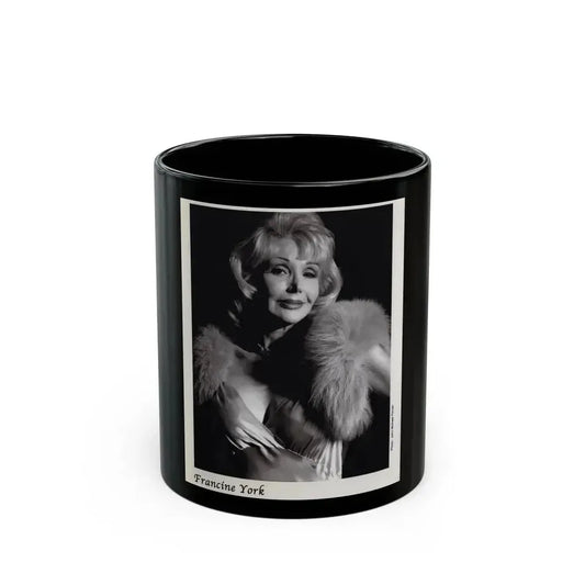 Francine York #171 - 8x10 B&W very recent Upper Body Glamour Night Gown with, Fur Photo on Postcard Paper (Vintage Female Icon) Black Coffee Mug 11oz - Go Mug Yourself