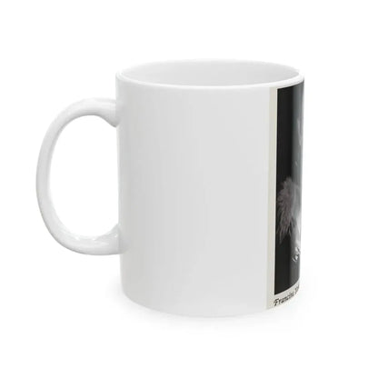 Francine York #171 - 8x10 B&W very recent Upper Body Glamour Night Gown with, Fur Photo on Postcard Paper (Vintage Female Icon) White Coffee Mug - Go Mug Yourself