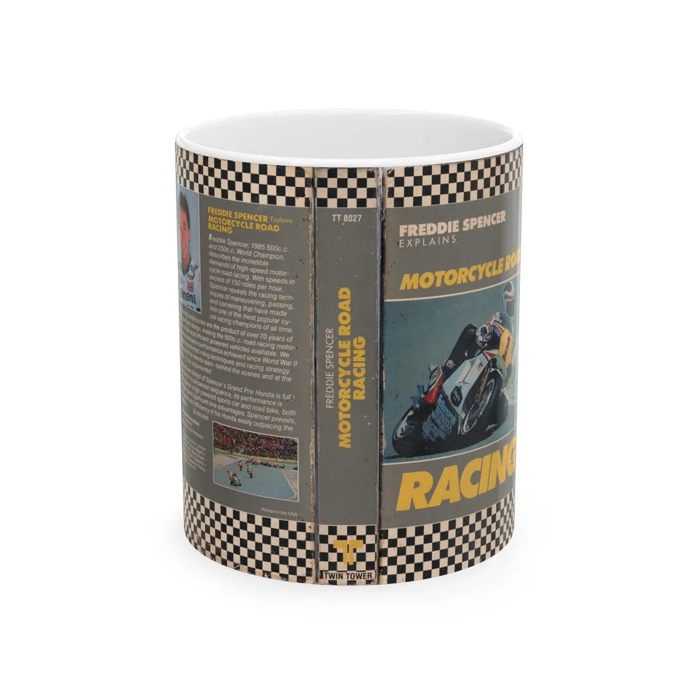 FREDDIE SPENCER EXPLAINS MOTORCYCLE ROAD RACING (VHS COVER) - White Coffee Mug-11oz-Go Mug Yourself