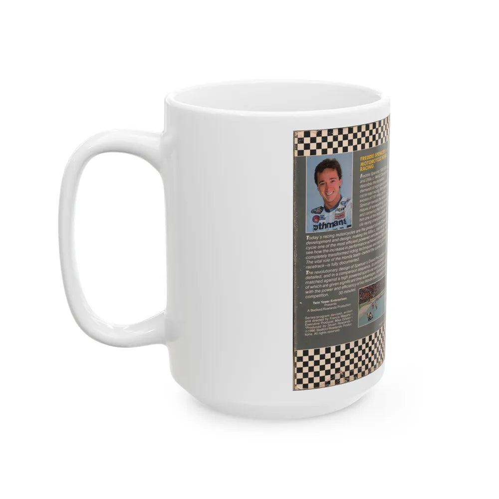 FREDDIE SPENCER EXPLAINS MOTORCYCLE ROAD RACING (VHS COVER) - White Coffee Mug-Go Mug Yourself