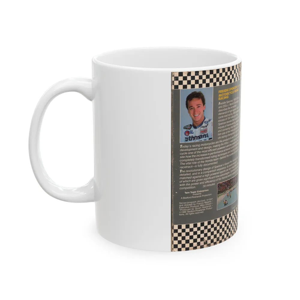 FREDDIE SPENCER EXPLAINS MOTORCYCLE ROAD RACING (VHS COVER) - White Coffee Mug-Go Mug Yourself