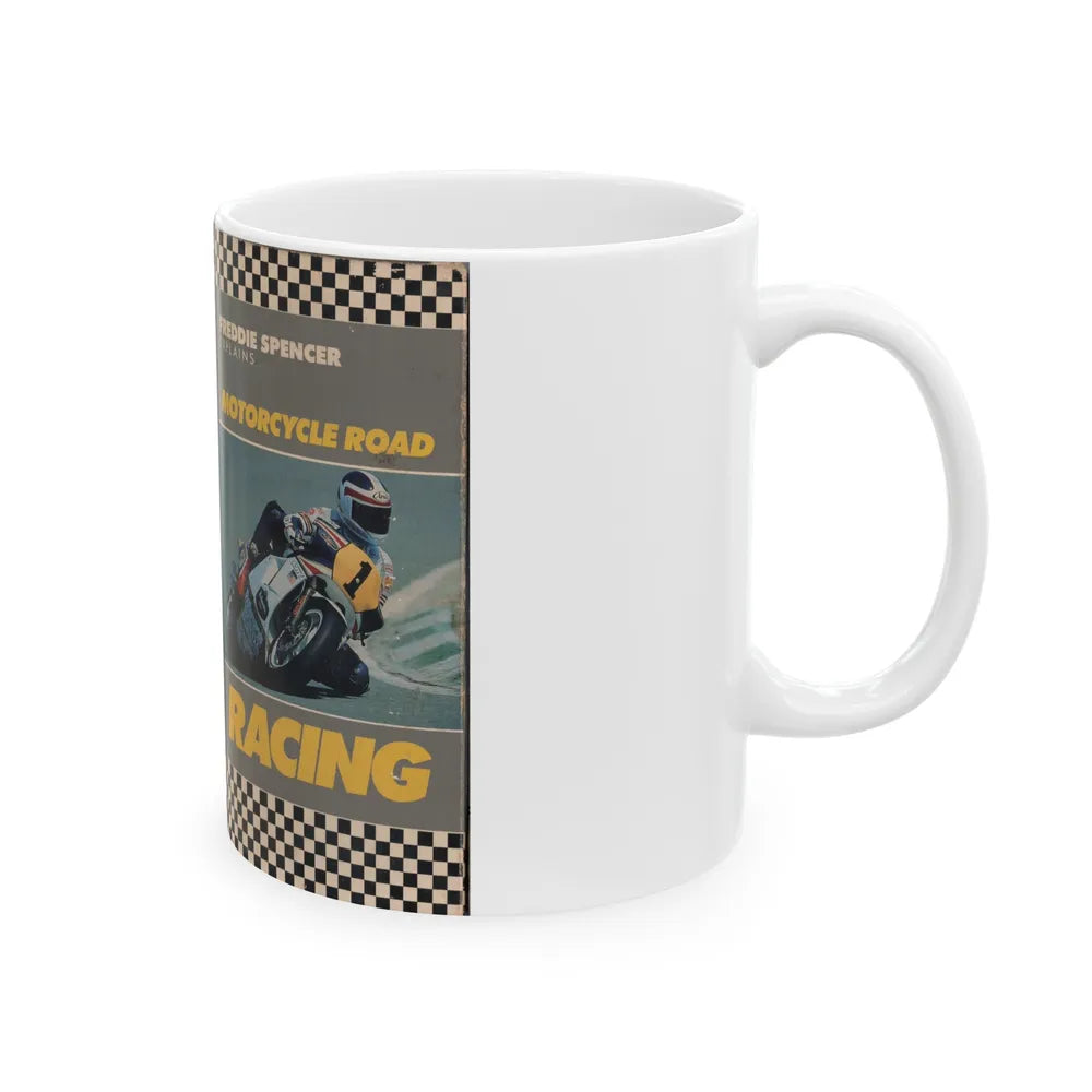 FREDDIE SPENCER EXPLAINS MOTORCYCLE ROAD RACING (VHS COVER) - White Coffee Mug-Go Mug Yourself