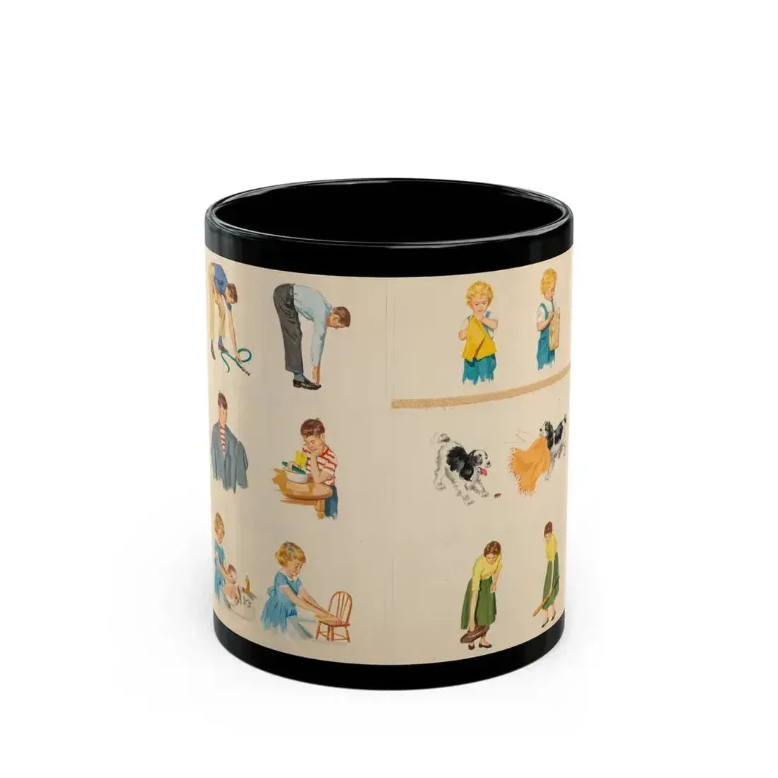 Fun at Home, Dick and Jane illustration - Black Coffee Mug 11oz - Go Mug Yourself