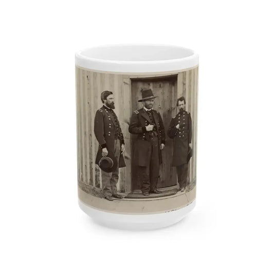 Gen. John A. Rawlins, Left, Gen. U.S. Grant, Center, And An Unidentified Officer (U.S. Civil War) White Coffee Mug 15oz - Go Mug Yourself