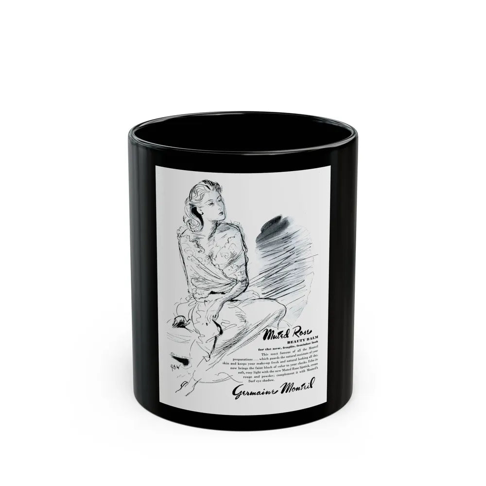 Germaine Monteil advt, Muted Rose, 1945 - Black Coffee Mug 11oz - Go Mug Yourself