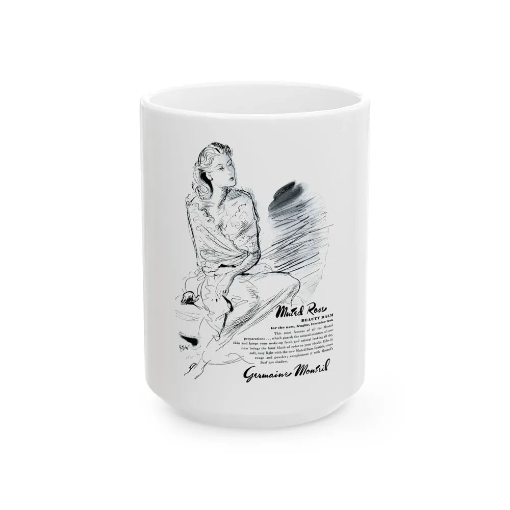 Germaine Monteil advt, Muted Rose, 1945 - White Coffee Mug 15oz - Go Mug Yourself