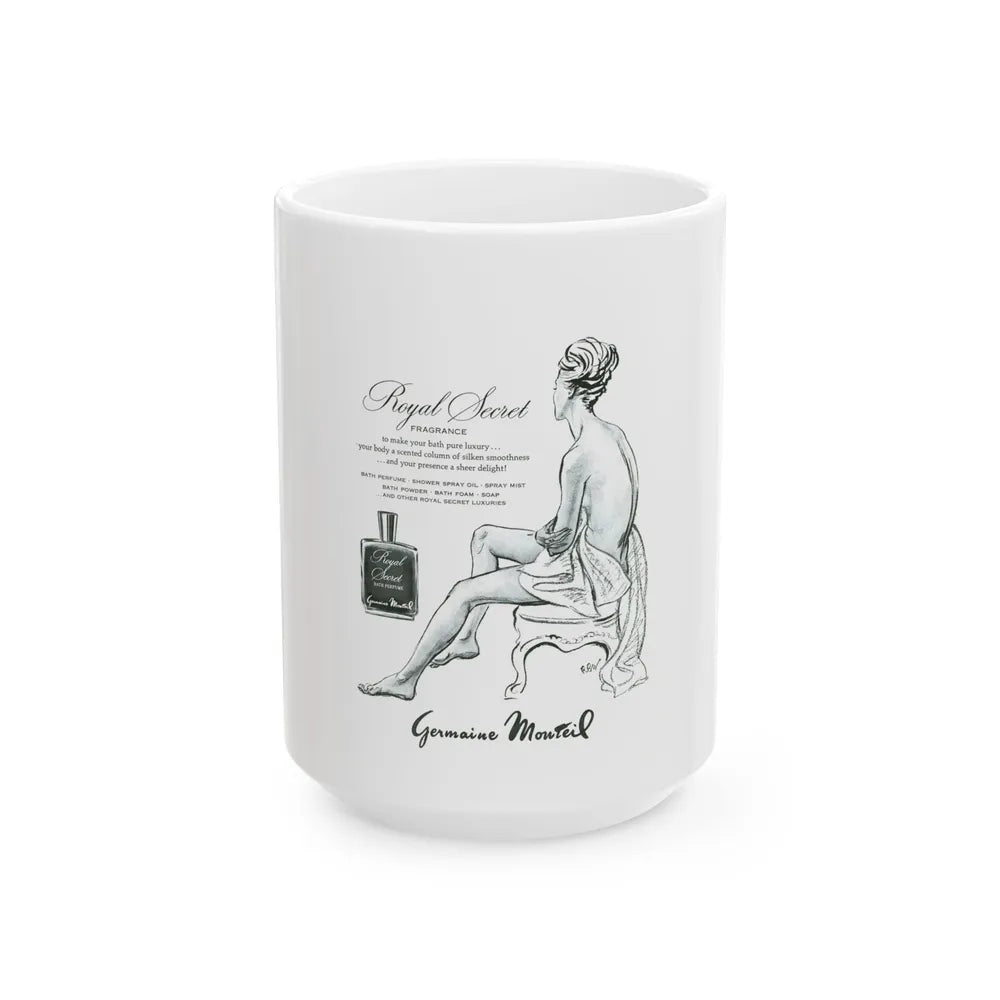 Germaine Monteil advt, Royal Secret, 1947 - White Coffee Mug 15oz - Go Mug Yourself