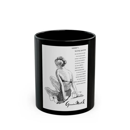 Germaine Monteil advt, Summer's burning question, 1947 - Black Coffee Mug 11oz - Go Mug Yourself